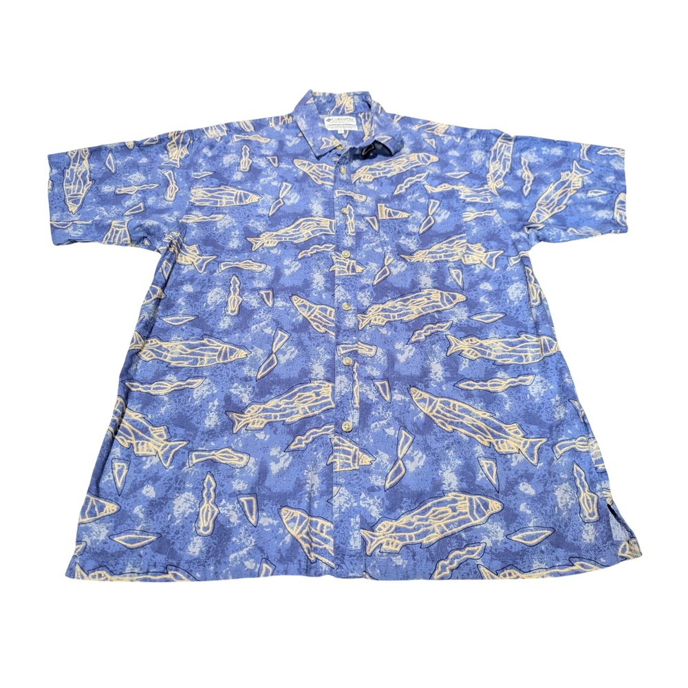 Columbia Shirt Mens Medium Blue Fish Print Short Sleeve Button Down Fishing Top